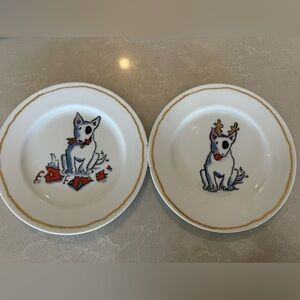 Set of 2 Williams Sonoma "Trouble" Bull Terrier Christmas dessert plates